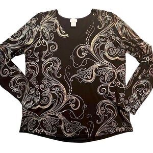 Chico’s black and metallic swirly print v-neck long sleeve sweater size M
